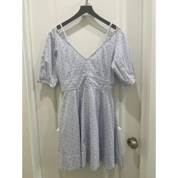 DEREK LAM 10 CROSBY White Blue Striped Embroidered Pin Dots V-Neck Dress 6 - Picture 2 of 8